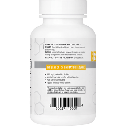 Side label information for Best Catch Omegas fish oil supplement by NBI