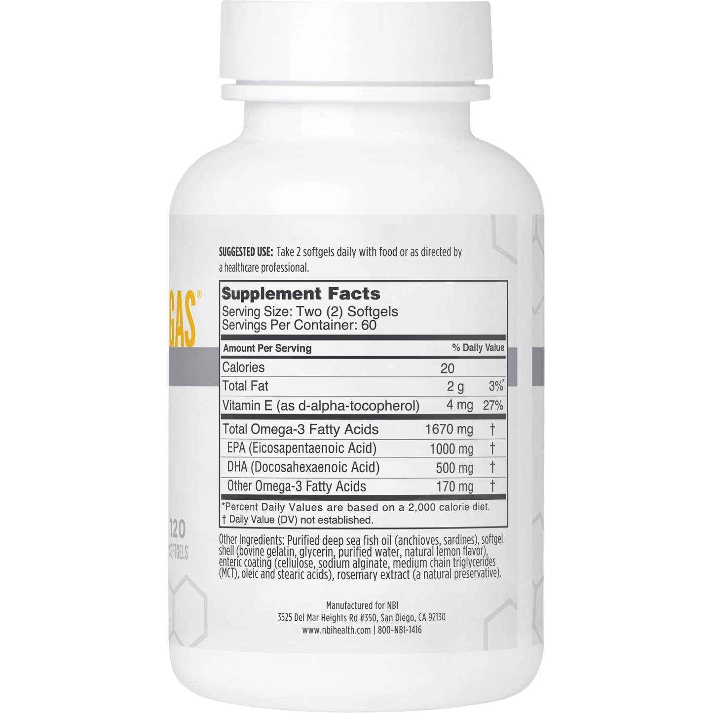 Side label of Best Catch Omegas fish oil supplement by NBI
