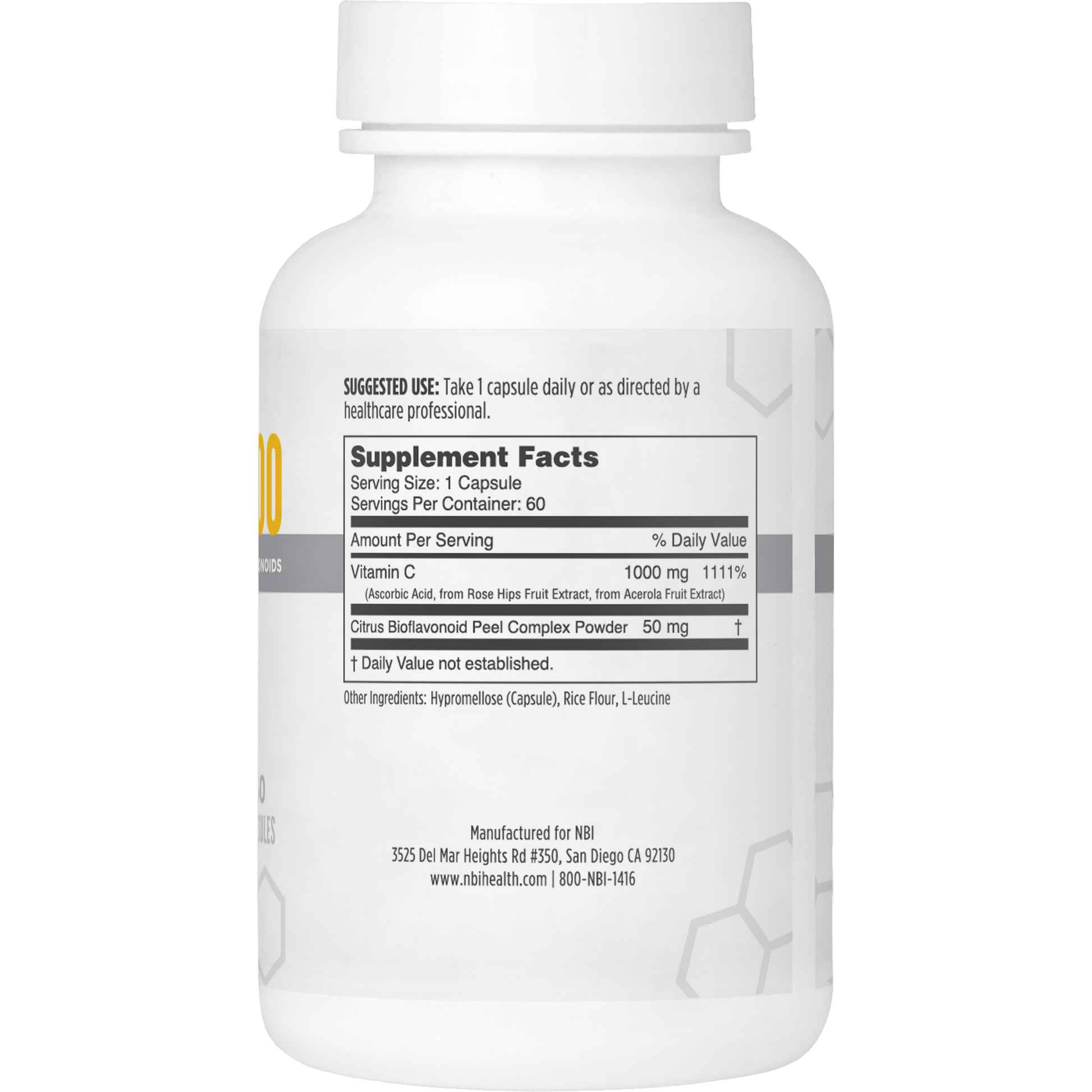 Supplement Facts panel for Vitamin C supplement by NBI